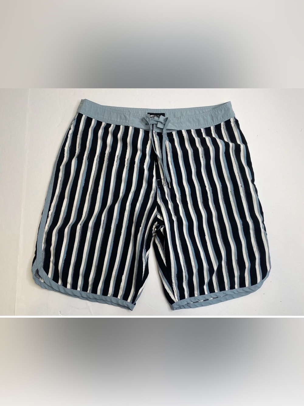 Men's Navy & White Striped Swim Trunks - Light Blue Waist